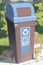 Rule 34 | absurdres, annotated, doodle sensei (blue archive), arrow (symbol), blue archive, bush, can, carton, day, emoji, grass, gun print, highres, leaf, madaotheory, no humans, outdoors, package, paper, qr code, recycle bin, recycling symbol, sensei (blue archive), trash can