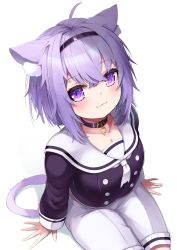 Rule 34 | 1girl, :3, ahoge, animal ear fluff, animal ears, black choker, black hairband, black shirt, blush, cat ears, cat girl, cat tail, choker, closed mouth, commentary request, from above, hair between eyes, hairband, highres, hololive, hototogisu (hot to gis), long sleeves, looking at viewer, looking up, neckerchief, nekomata okayu, nekomata okayu (casual), purple hair, sailor collar, shirt, short hair, simple background, solo, tail, virtual youtuber, white background, white footwear, white neckerchief, white sailor collar