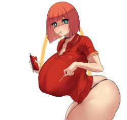 Rule 34 | 1girl, alternate breast size, aster crowley, black panties, blue eyes, blunt bangs, blush, bob cut, breasts, choker, collared shirt, food, french fries, highres, huge breasts, looking at viewer, mcdonald&#039;s, mother (yoru mac), mother (yoru mac), mouth hold, orange hair, panties, red shirt, shirt, short hair, short sleeves, solo, thick thighs, thighs, thong, underwear, white background, yoru mac
