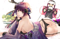 Rule 34 | 1girl, ass, back, bare back, bare shoulders, black panties, blue eyes, blunt bangs, braid, breasts, carcano m91/38 (girls&#039; frontline), carcano m91/38 (insegui l&#039;aquilone) (girls&#039; frontline), commentary, female focus, floral print, garter belt, garter straps, girls&#039; frontline, green eyes, hair ornament, hair ribbon, head on hand, head rest, japanese clothes, kimono, large breasts, legs, lingerie, long hair, looking at viewer, looking back, lying, nicky w, off shoulder, official alternate costume, on stomach, panties, parted lips, purple hair, purple kimono, revealing clothes, ribbon, side braid, sideboob, smile, solo, thighhighs, underwear, white thighhighs