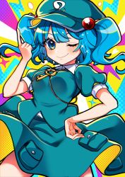 Rule 34 | 1girl, aqua hat, aqua shirt, aqua skirt, blue eyes, blue hair, cabbie hat, closed mouth, collared shirt, commentary request, cowboy shot, hair bobbles, hair ornament, hand on own hip, hat, highres, index finger raised, ishiki nuru, kawashiro nitori, key, looking at viewer, medium hair, one side up, pocket, puffy short sleeves, puffy sleeves, shirt, short sleeves, skirt, smile, solo, sparkle, touhou, two side up