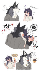 Rule 34 | ..., 1boy, 1girl, absurdres, animal ears, arm grab, black hair, blood, blood from mouth, body fur, closed eyes, closed mouth, cropped torso, dog tags, english text, finger to mouth, furry, furry male, furry with non-furry, green eyes, grey fur, grey shirt, hands up, hetero, heterochromia, highres, honey, interspecies, kiss, licking lips, long hair, long sleeves, looking at another, mixed-language text, original, rata (norahasu), sadism, shirt, simple background, spoken ellipsis, spoken skull, tongue, tongue out, translation request, upper body, white background, white fur, wolf boy, wolf ears