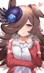 Rule 34 | 1girl, animal ears, blue flower, blue hat, blue rose, brown hair, closed mouth, collarbone, commentary request, ear down, flower, hair over one eye, hand up, hat, hat flower, heart, highres, horse ears, jacket, long hair, long sleeves, looking at viewer, negipon, puffy long sleeves, puffy sleeves, purple eyes, red jacket, rice shower (umamusume), rose, shirt, simple background, sleeves past wrists, solo, steam, tilted headwear, track jacket, umamusume, unaligned ears, upper body, very long hair, white background, white shirt