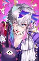 Rule 34 | 1boy, bishounen, blue eyes, blue eyeshadow, blue hair, coat, collarbone, confetti, creature, crossed bangs, eyeshadow, floral print, from above, gavis bettel, gavis bettel (1st costume), grey hair, hair between eyes, hashtag-only commentary, heterochromia, highres, holding, holostars, holostars english, lily print, looking at viewer, makeup, male focus, medium hair, multicolored coat, multicolored hair, niicomode, open mouth, pale skin, pectoral cleavage, pectorals, phantom (gavis bettel), pink eyes, pink eyeshadow, pink hair, scarf, smile, streamers, striped coat, tongue, tongue out, upper body, vertical-striped coat, virtual youtuber, white scarf