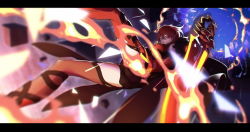 Rule 34 | 1girl, absurdres, armored leotard, asymmetrical legwear, black thighhighs, butt crack, flaming sword, flaming weapon, gloves, highres, holding, holding sword, holding weapon, honkai (series), honkai impact 3rd, kengniang, leotard, letterboxed, looking at viewer, mismatched legwear, murata himeko, murata himeko (vermillion knight), red gloves, red hair, red leotard, red thighhighs, solo, sword, thighhighs, weapon, yellow eyes