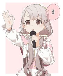 Rule 34 | 1girl, :o, argyle capelet, argyle clothes, arm up, bow, braid, braided bangs, brown eyes, capelet, commentary request, dress, grey hair, hair bow, hair over shoulder, highres, hisakawa nagi, holding, holding microphone, idolmaster, idolmaster cinderella girls, long hair, long sleeves, low twintails, microphone, ok sign, parted lips, pink background, puffy long sleeves, puffy sleeves, solo, translation request, twintails, two-tone background, v-shaped eyebrows, very long hair, white background, white bow, white dress, yukie (kusaka shi)