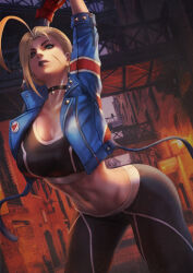 Rule 34 | 1girl, abs, absurdres, ahoge, alley, arched back, arms up, asymmetrical gloves, bent over, black pants, black sports bra, blonde hair, blue eyes, blue jacket, breasts, cammy stretch (meme), cammy white, cleavage, commentary, cropped jacket, english commentary, eyelashes, facial scar, gloves, highres, huge ahoge, jacket, large breasts, makeup, mascara, meme, monori rogue, narrow waist, navel, paid reward available, pants, pendant choker, scar, scar on cheek, scar on face, short hair, solo, sports bra, street fighter, street fighter 6, stretching, thick thighs, thighs, tight clothes, tight pants, toned, union jack, yoga pants