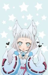 Rule 34 | 10s, 1girl, animal ear fluff, animal ears, bad id, bad pixiv id, blue eyes, blush, fingers together, fox ears, fox tail, fujimi shobo, heart, highres, index fingers together, japanese clothes, kon (tokyo ravens), looking at viewer, mikunido202, open mouth, ribbon-trimmed sleeves, ribbon trim, short hair, silver hair, simple background, solo, star (symbol), tail, tokyo ravens