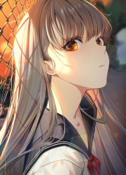 Rule 34 | 1girl, blurry, blurry background, brown eyes, brown hair, chain-link fence, closed mouth, collarbone, copyright request, dai nikucho, fence, from side, highres, light, long hair, looking at viewer, outdoors, red neckwear, red ribbon, ribbon, sailor collar, school uniform, serafuku, shirt, solo, sunset, twitter username, upper body, white shirt