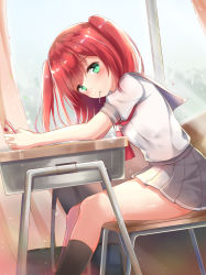 Rule 34 | 10s, 1girl, :&lt;, bag, black socks, blouse, blush, chair, classroom, curtains, desk, dutch angle, eyebrows, from side, green eyes, grey skirt, holding, holding pen, indoors, interlocked fingers, kneehighs, kurosawa ruby, lens flare, light particles, long hair, looking at viewer, love live!, love live! sunshine!!, mouth hold, neckerchief, outstretched arms, own hands together, pen, pleated skirt, red hair, school, school bag, school desk, school uniform, serafuku, shiny skin, shirt, short sleeves, sitting, skirt, socks, solo, tailam, two side up, white shirt, window