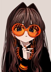 Rule 34 | 1girl, black sweater, blue eyes, bracelet, brown hair, chain, chain necklace, earrings, elisia valfelto, grey background, hair intakes, jewelry, long hair, looking at viewer, luicent, necklace, orange-tinted eyewear, orange nails, original, parted lips, ring, round eyewear, simple background, solo, sunglasses, sweater, tinted eyewear, upper body
