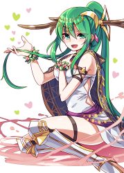 Rule 34 | 1girl, :d, armor, artemis (p&amp;d), bad id, bad pixiv id, bare shoulders, blush, breasts, cape, dress, greaves, green eyes, green hair, hair ornament, highres, jewelry, kozakura (dictionary), long hair, looking at viewer, matching hair/eyes, open mouth, ponytail, puzzle &amp; dragons, sidelocks, sitting, smile, solo, thigh strap, white dress, wrist flower, yokozuwari