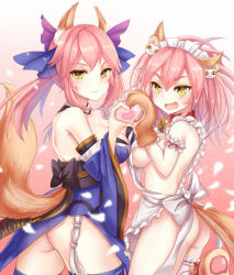 Rule 34 | 10s, 2girls, :d, animal ears, animal hands, apron, arm garter, ass, bare shoulders, bell, black bow, blue hair, bow, breast press, breasts, bridal garter, cat hair ornament, cleavage, closed mouth, collar, cowboy shot, detached collar, detached sleeves, eyebrows, fang, fate/extra, fate/grand order, fate (series), fox ears, fox tail, frills, from side, gloves, gradient background, gradient hair, hair bow, hair ornament, hair ribbon, heart, heart hands, heart hands duo, highres, japanese clothes, long hair, looking at viewer, maid headdress, md5 mismatch, medium breasts, multicolored hair, multiple girls, naked apron, neck bell, no panties, obi, open mouth, paw gloves, paw shoes, petals, pink background, pink hair, red ribbon, resolution mismatch, ribbon, ribbon-trimmed legwear, ribbon trim, sash, shoes, sideboob, smile, source smaller, symmetrical docking, tail, tamamo (fate), tamamo cat (fate), tamamo cat (third ascension) (fate), tamamo no mae (fate/extra), tassel, thighhighs, twintails, white apron, white legwear, white ribbon, yellow eyes, yuemanhuaikong