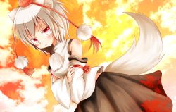 Rule 34 | 1girl, animal ears, bare shoulders, blush, breasts, chikuwa savy, crossed arms, detached sleeves, hat, inubashiri momiji, looking at viewer, pom pom (clothes), red eyes, short hair, silver hair, skirt, sky, solo, tail, tokin hat, touhou, wolf ears, wolf tail