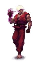 Rule 34 | 1boy, absurdres, afro, aura, barefoot, capcom, clenched hand, dark persona, dark skin, dark-skinned male, dougi, evil grin, evil smile, fingerless gloves, full body, gjergji zhuka, gloves, glowing, glowing eyes, grin, hair over one eye, highres, ken masters, male focus, muscular, no pupils, purple eyes, smile, solo, street fighter, svc chaos, transparent background, violent ken, white hair
