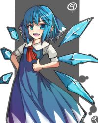 Rule 34 | 1girl, :d, blue eyes, blue hair, bow, circled 9, cirno, dress, hair bow, hand on own hip, ice, ice wings, matching hair/eyes, open mouth, ribbon, short hair, signature, smile, solo, thumbs up, touhou, uumaru1869, wings