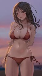 Rule 34 | 1girl, absurdres, arm at side, arms behind back, bare arms, bare shoulders, bikini, blurry, blurry background, blush, breasts, brown eyes, brown hair, cleavage, collarbone, cowboy shot, evening, grin, halterneck, highres, holding own arm, large breasts, lips, long hair, navel, original, parted lips, red bikini, side-tie bikini bottom, sidelocks, sky, smile, solo, stomach, string bikini, subong, swimsuit, teeth, thighs