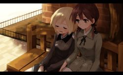Rule 34 | 2girls, bad id, bad link, bad twitter id, bench, black ribbon, blonde hair, blush, brick wall, brown eyes, brown hair, buttons, erica hartmann, closed eyes, frown, gertrud barkhorn, hair ribbon, kodamari, letterboxed, long hair, long sleeves, looking at another, military, military uniform, multiple girls, open mouth, ribbon, short hair, sitting, strike witches, sweat, tree, twintails, uniform, world witches series