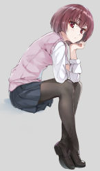 Rule 34 | 1girl, black footwear, black pantyhose, blue skirt, blush, brown hair, closed mouth, full body, grey background, highres, leaning forward, loafers, long sleeves, looking at viewer, mintol (qool+), original, pantyhose, pink vest, pleated skirt, red eyes, school uniform, shirt, shoes, short hair, simple background, sitting, skirt, solo, vest, white shirt