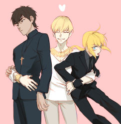 Rule 34 | 1girl, 2boys, ahoge, artoria pendragon (all), artoria pendragon (fate), ass2565, bad id, bad pixiv id, blonde hair, brown hair, fate/zero, fate (series), formal, gilgamesh (fate), kotomine kirei, multiple boys, official alternate costume, pant suit, pants, ponytail, reverse trap, saber (fate), simple background, suit