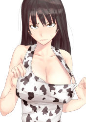 Rule 34 | 1girl, animal print, bare arms, bare shoulders, blush, breasts, cleavage, closed mouth, collarbone, commentary request, copyright request, cow print, eyebrows hidden by hair, furrowed brow, hair strand, hands up, lips, long hair, looking at viewer, messy hair, nishizumi shiho, no bra, nose blush, ogros, pulled by self, simple background, solo, straight hair, strap gap, strap pull, sweatdrop, upper body, white background