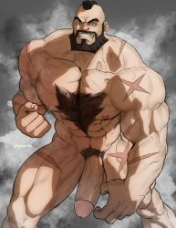 Rule 34 | 1boy, abs, bara, body hair, erection, highres, hydaria, male focus, muscular, pectorals, penis, scar, smile, solo, street fighter, tagme, uncensored, zangief