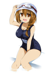 Rule 34 | 1girl, :d, between thighs, braid, breasts, brown eyes, brown hair, cleavage, dodome-iro mayonnaise, goggles, goggles on head, hair over shoulder, large breasts, long hair, looking at viewer, name tag, one-piece swimsuit, open mouth, original, school swimsuit, single braid, sitting, smile, solo, swim cap, swimsuit, translation request, wet