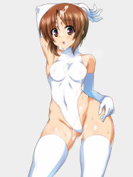 Rule 34 | 10s, 1girl, arm behind head, bare shoulders, blush, breasts, brown eyes, brown hair, bukkake, covered erect nipples, covered navel, cum, elbow gloves, girls und panzer, gloves, highleg, highleg leotard, leotard, looking at viewer, matching hair/eyes, nishizumi miho, open mouth, ouhashi, see-through, short hair, solo, standing, sweat, thighhighs, turtleneck, white gloves, white leotard, white thighhighs