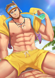 Rule 34 | 2boys, abs, absurdres, bandaid, bandaid on face, bandaid on nose, bara, bare pectorals, beach, beard, black male swimwear, blue eyes, brown hair, bulge, bulge to ass, diving mask, diving mask on head, drawstring, facial hair, goggles, goggles on head, head tilt, highres, jarvan iv (league of legends), jewelry, large pectorals, league of legends, male focus, male swimwear, minghecanyue, multiple boys, muscular, muscular male, navel, necklace, nipples, official alternate costume, pectorals, short hair, sitting, sitting on person, sky, snorkel, solo focus, spilling, spread legs, stomach, sunlight, swim trunks, swimsuit, thick thighs, thighs, tooth necklace, wet, yaoi, yellow male swimwear, yellow swim trunks