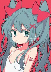 Rule 34 | 1girl, 3774., :|, alternate costume, aqua eyes, aqua hair, bow, closed mouth, hair between eyes, hair ornament, hatsune miku, highres, long hair, looking at viewer, red background, red bow, shirt, simple background, solo, spaghetti strap, twintails, upper body, vocaloid, white shirt, x hair ornament