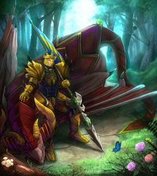 Rule 34 | 1boy, 1girl, armor, armored boots, bad id, bad pixiv id, bird, black hair, boots, bug, butterfly, dragon, flag, flower, forest, gauntlets, green eyes, helmet, highres, bug, jarvan iv (league of legends), league of legends, nature, oldlim, polearm, shyvana, spear, weapon