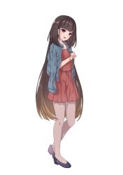 Rule 34 | 1girl, absurdres, black footwear, blue jacket, bracelet, brown hair, collarbone, dress, earrings, fate/grand order, fate (series), full body, gradient hair, grey pantyhose, hane yuki, high heels, highres, jacket, jewelry, long hair, multicolored hair, open clothes, open jacket, open mouth, osakabehime (fate), pantyhose, pumps, red dress, red eyes, short dress, simple background, solo, standing, very long hair, white background