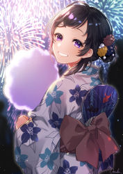 Rule 34 | 1girl, :d, artist name, back bow, black hair, blush, bow, commentary request, cotton candy, fireworks, floral print, food, grin, hair bun, hair ornament, hand fan, highres, holding, holding food, japanese clothes, kimono, looking at viewer, looking back, night, open mouth, original, otoufu (gotouhu), outdoors, paper fan, print kimono, purple eyes, red bow, short hair, single hair bun, smile, solo, teeth, uchiwa, upper body, white kimono, yukata
