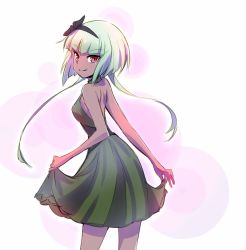 Rule 34 | 1girl, backless dress, backless outfit, bob cut, clothes lift, commentary request, dress, emerald sustrai, green dress, green hair, hair ribbon, iesupa, long twintails, looking back, red eyes, ribbon, rwby, short hair, short hair with long locks, skirt, skirt lift, smile, solo