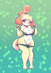Rule 34 | 1girl, animal crossing, animal ears, animal hands, artist name, bell, bikini, bikini pull, blonde hair, blush, breasts, brown eyes, cleft of venus, clothes pull, collar, dog ears, dog tail, embarrassed, feet, full body, furry, furry female, gradient background, green background, green bikini, hair bell, hair ornament, hands up, isabelle (animal crossing), large breasts, looking away, navel, nintendo, nipples, one-piece swimsuit pull, pussy, red collar, short hair, simple background, skindentation, smile, solo, standing, swimsuit, tail, text focus, uncensored, watermark, web address, wide hips, zedrin