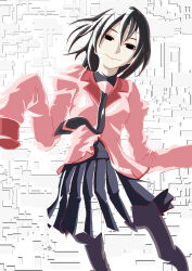 Rule 34 | 1girl, black eyes, black hair, black pantyhose, black skirt, black undershirt, breasts, closed mouth, commentary, dress shirt, empty eyes, feet out of frame, floating hair, floating neckwear, hair between eyes, head tilt, light smile, long sleeves, looking at viewer, monogatari (series), naoetsu high school uniform, oshino ougi, outline, owarimonogatari, pale skin, pantyhose, partially unbuttoned, pink shirt, pleated skirt, puffy sleeves, red outline, school uniform, see-through, shirt, short hair, skirt, sleeves past fingers, sleeves past wrists, small breasts, smile, solo, suzu-q, transparent, very long sleeves, w arms, white background