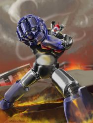 Rule 34 | 1970s (style), aiming, aiming at viewer, building, burning, clenched hand, collapsed, epic, fire, glowing, glowing eyes, guyca braves, highres, mazinger (series), mazinger z, mazinger z (mecha), mecha, oldschool, realistic, retro artstyle, robot, rocket punch, ruins, science fiction, signature, smoke, super robot