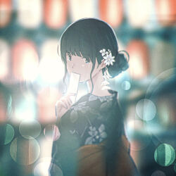 Rule 34 | 1girl, absurdres, arm at side, black hair, black kimono, blue eyes, blurry, blurry background, blush, bokeh, card, covering own mouth, cropped, crying, crying with eyes open, depth of field, festival, floral print, flower, from behind, hair bun, hair flower, hair ornament, highres, holding, holding card, japanese clothes, kimono, lantern, long bangs, long sleeves, looking at viewer, looking back, obi, oka kojiro, original, paper lantern, qixi festival, sash, short hair, sidelocks, single side bun, streaming tears, tanabata, tears, upper body, white flower, yukata