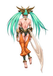 Rule 34 | 1girl, aqua hair, armband, ass, back, bare shoulders, barefoot, benten (cho aniki), blue eyes, bracer, breasts, cho aniki, cho aniki zero, cleavage, covered navel, earrings, female focus, from behind, hair ornament, harem pants, headgear, hip focus, jewelry, large breasts, leotard, long hair, lots of jewelry, necklace, official art, pants, pointy ears, simple background, solo, thighs, twintails