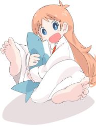 Rule 34 | 1girl, barefoot, blonde hair, blue eyes, blush, feet, highres, holding, lab coat, long hair, long sleeves, looking at viewer, memoi, necktie, nichijou, open mouth, professor shinonome, simple background, sitting, smile, soles, solo, stuffed toy, toes