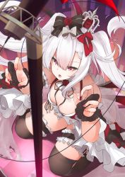Rule 34 | 1girl, absurdres, azur lane, bare shoulders, black ribbon, black thighhighs, breasts, bridal garter, claw pose, collarbone, commentary, crown, dress, flower, frilled dress, frills, gloves, hair between eyes, hair ornament, hair ribbon, highres, kneeling, long hair, looking at viewer, miya ur, nail polish, open mouth, partially fingerless gloves, pink nails, red eyes, red ribbon, ribbon, rose, sidelocks, silver hair, small breasts, solo, thighhighs, twintails, vampire (azur lane)