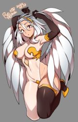 Rule 34 | 1girl, 2020, :o, agawa ryou, arm up, armpits, asymmetrical legwear, black gloves, black thighhighs, breasts, commentary, covered navel, dated, elbow gloves, gloves, gradient hair, grey background, harpy, leotard, long hair, looking at viewer, medium breasts, monster girl, multicolored hair, original, parted lips, red eyes, simple background, single thighhigh, solo, thighhighs, uneven legwear, white hair, wide hips, wings