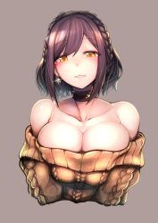 Rule 34 | 1girl, alternate hairstyle, aran sweater, bare shoulders, blush, braid, breasts, breasts squeezed together, brown background, brown choker, brown hair, cable knit, choker, cleavage, collarbone, commentary, cropped torso, crown braid, earrings, glint, head tilt, heart, highres, jewelry, kagami uekusa, large breasts, looking at viewer, nijisanji, off-shoulder sweater, off shoulder, purple hair, shizuka rin, short hair, simple background, smile, solo, sweater, upper body, v arms, virtual youtuber, wavy hair, yellow eyes