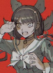 Rule 34 | 1girl, bad id, bad twitter id, bow, bowtie, buttons, chabashira tenko, choker, collarbone, danganronpa (series), danganronpa v3: killing harmony, double-breasted, fangs, hair ornament, hair ribbon, hands up, highres, long hair, long sleeves, looking at viewer, open mouth, red background, ribbon, sailor collar, sema (vivaviva 02), shirt, simple background, solo, star (symbol), star hair ornament, twintails