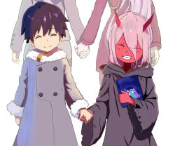 Rule 34 | 10s, 1boy, 1girl, black cloak, black hair, book, child, cloak, closed eyes, coat, colored skin, commentary, commentary request, couple, darling in the franxx, dual persona, english commentary, fur coat, fur trim, grey coat, hetero, hiro (darling in the franxx), holding, holding book, holding weapon, hood, hooded cloak, horns, long coat, long hair, long sleeves, military, military uniform, oni horns, parka, pink hair, red horns, red skin, short hair, uniform, user jpff3358, weapon, wide sleeves, winter clothes, winter coat, zero two (darling in the franxx)