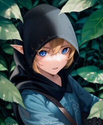 Rule 34 | 1boy, blue eyes, blue tunic, highres, hood, hood up, leaf, light brown hair, link, looking at viewer, nature, nintendo, open mouth, pointy ears, solo, the legend of zelda, the legend of zelda: breath of the wild, tsarev d, water drop