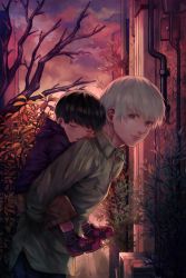 Rule 34 | 10s, 2boys, aged down, bad id, bad pixiv id, bare tree, black hair, blush, carrying, closed mouth, cloud, cross-laced footwear, dual persona, from side, grey eyes, hand on another&#039;s shoulder, highres, hood, hoodie, industrial pipe, kaneki ken, leaf, leaning forward, long sleeves, looking at viewer, male focus, multiple boys, outdoors, piggyback, shoes, shorts, sky, sleeping, smile, time paradox, tokyo ghoul, tree, white hair, xino