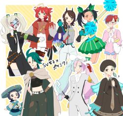 Rule 34 | 6+girls, :d, :o, ;d, ahoge, alternate costume, armband, black coat, black hair, black shorts, blonde hair, blue skirt, border, bug miku (project voltage), cape, coat, collared shirt, commentary request, cosplay, creatures (company), dragon miku (project voltage), earrings, electric miku (project voltage), eri (pokemon), facepaint, fairy miku (project voltage), fighting miku (project voltage), fire miku (project voltage), flower, game freak, glasses, gloves, grass miku (project voltage), green hair, green headwear, green skirt, grey eyes, grey shirt, ground miku (project voltage), hair flower, hair ornament, hand up, hat, hatsune miku, hatsune miku (cosplay), highres, holding, holding pom poms, iono (pokemon), jacket, jewelry, juliana (pokemon), katy (pokemon), long hair, long sleeves, mela (pokemon), multiple girls, nemona (pokemon), nintendo, ohn pkmn, one eye closed, open mouth, outline, outside border, pants, penny (pokemon), pink sweater, pokemon, pokemon sv, pom pom (cheerleading), pom poms, ponytail, poppy (pokemon), project voltage, red hair, rika (pokemon), round eyewear, scrunchie, shirt, shorts, skirt, smile, steel miku (project voltage), sweater, twintails, vocaloid, white border, white gloves, white shirt, wrist scrunchie, yellow background