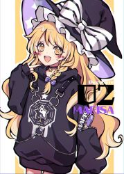Rule 34 | 1girl, alternate costume, black choker, black hat, black hoodie, black nails, blonde hair, blush, border, bow, braid, chain, character name, choker, fingernails, frills, gold, hair between eyes, hair bow, hat, hat bow, heart, highres, hood, hoodie, jewelry, kirisame marisa, kyouda suzuka, long fingernails, long hair, long sleeves, looking at viewer, mini-hakkero, nail polish, numbered, open mouth, outside border, puffy long sleeves, puffy sleeves, purple bow, silver chain, simple background, single braid, smile, solo, star-shaped pupils, star (symbol), star print, striped, striped bow, symbol-shaped pupils, teeth, tongue, touhou, twitter username, v, v-shaped eyebrows, white border, white bow, witch hat, yellow background, yellow eyes