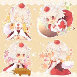 Rule 34 | 1girl, ^ ^, animal ears, bare shoulders, blush, board game, chibi, closed eyes, detached sleeves, expressions, closed eyes, female focus, hand to own mouth, hat, holding, inubashiri momiji, multiple views, outline, red eyes, sen1986, shield, shogi, short hair, sitting, smile, sword, tail, tokin hat, touhou, weapon, white hair, wolf ears, wolf tail, yawning